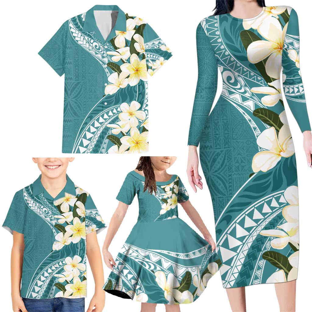 Aloha Hawaii Festive Family Matching Long Sleeve Bodycon Dress and Hawaiian Shirt Frangipani Lace Classic - Teal