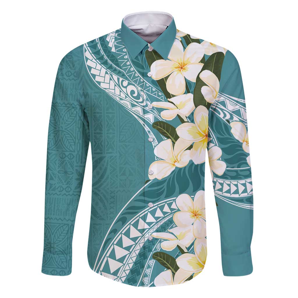 Aloha Hawaii Festive Family Matching Mermaid Dress and Hawaiian Shirt Frangipani Lace Classic - Teal LT7 Dad's Shirt - Long Sleeve Teal - Polynesian Pride