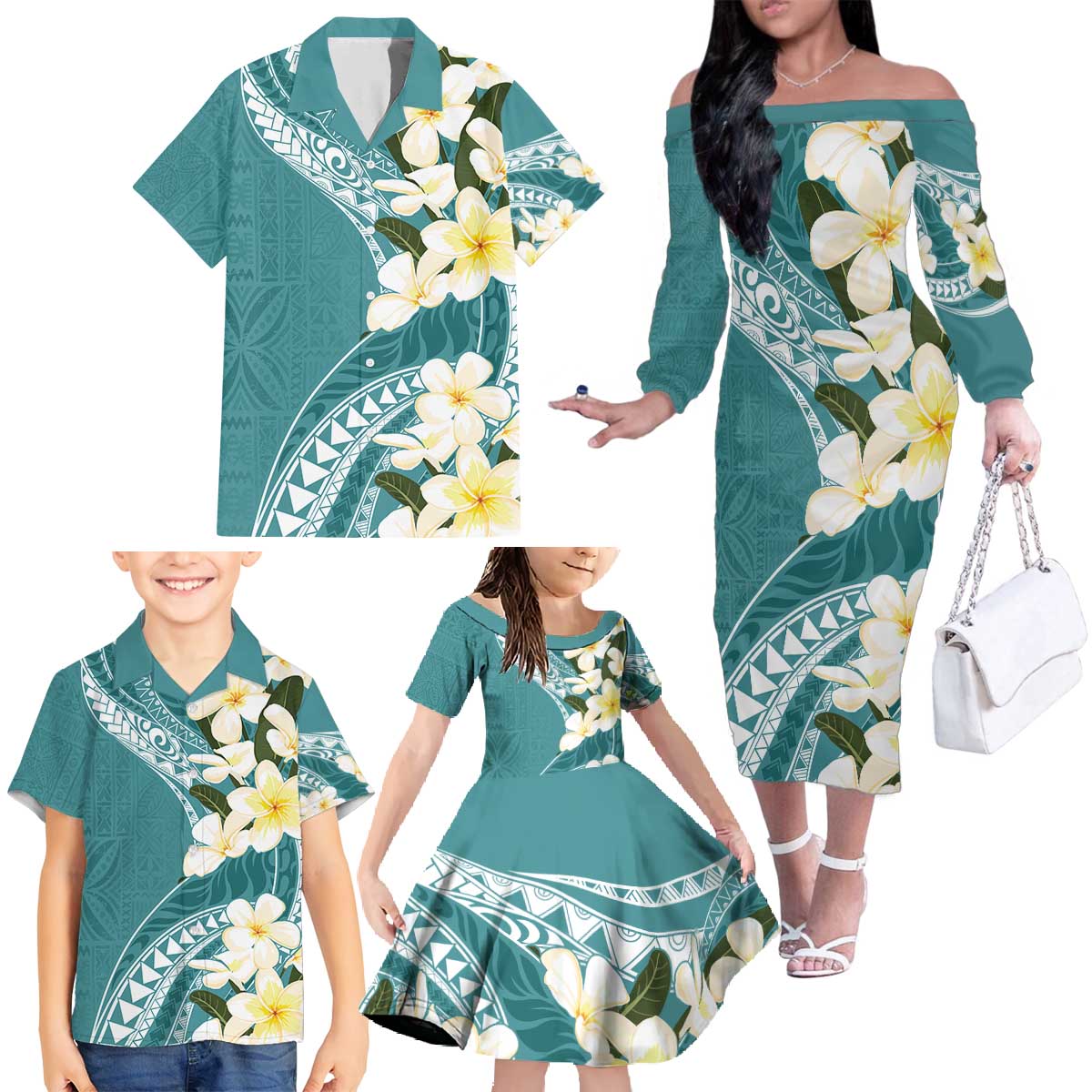 Aloha Hawaii Festive Family Matching Off The Shoulder Long Sleeve Dress and Hawaiian Shirt Frangipani Lace Classic - Teal