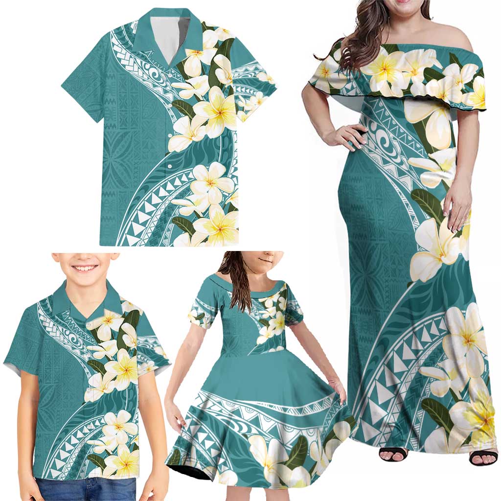 Aloha Hawaii Festive Family Matching Off Shoulder Maxi Dress and Hawaiian Shirt Frangipani Lace Classic - Teal LT7 - Polynesian Pride