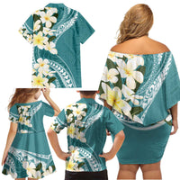 Aloha Hawaii Festive Family Matching Off Shoulder Short Dress and Hawaiian Shirt Frangipani Lace Classic - Teal