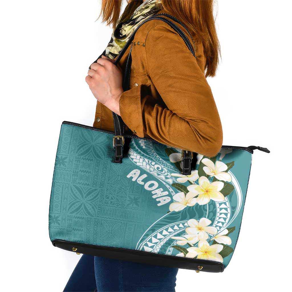 Aloha Hawaii Festive Leather Tote Bag Frangipani Lace Classic - Teal LT7 Teal - Polynesian Pride