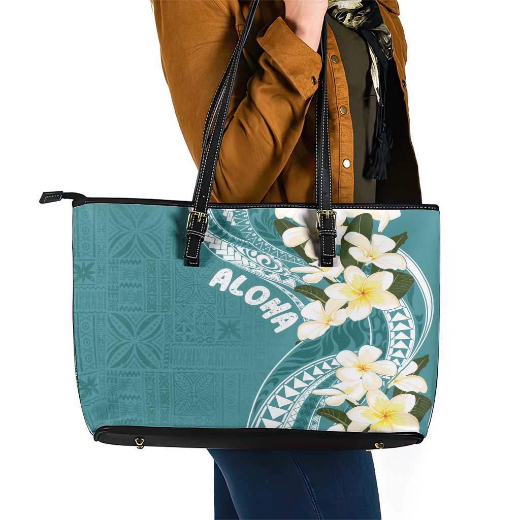 Aloha Hawaii Festive Leather Tote Bag Frangipani Lace Classic - Teal LT7 - Polynesian Pride