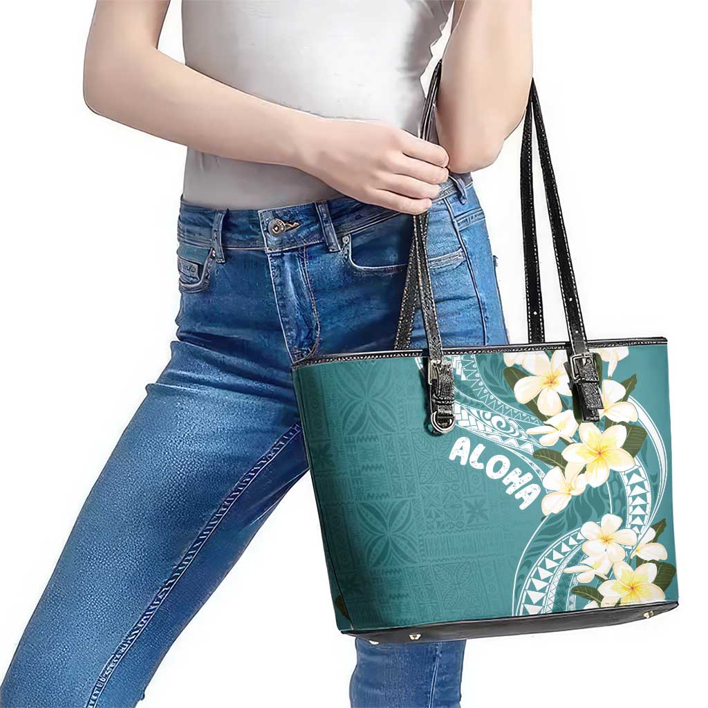 Aloha Hawaii Festive Leather Tote Bag Frangipani Lace Classic - Teal LT7 - Polynesian Pride