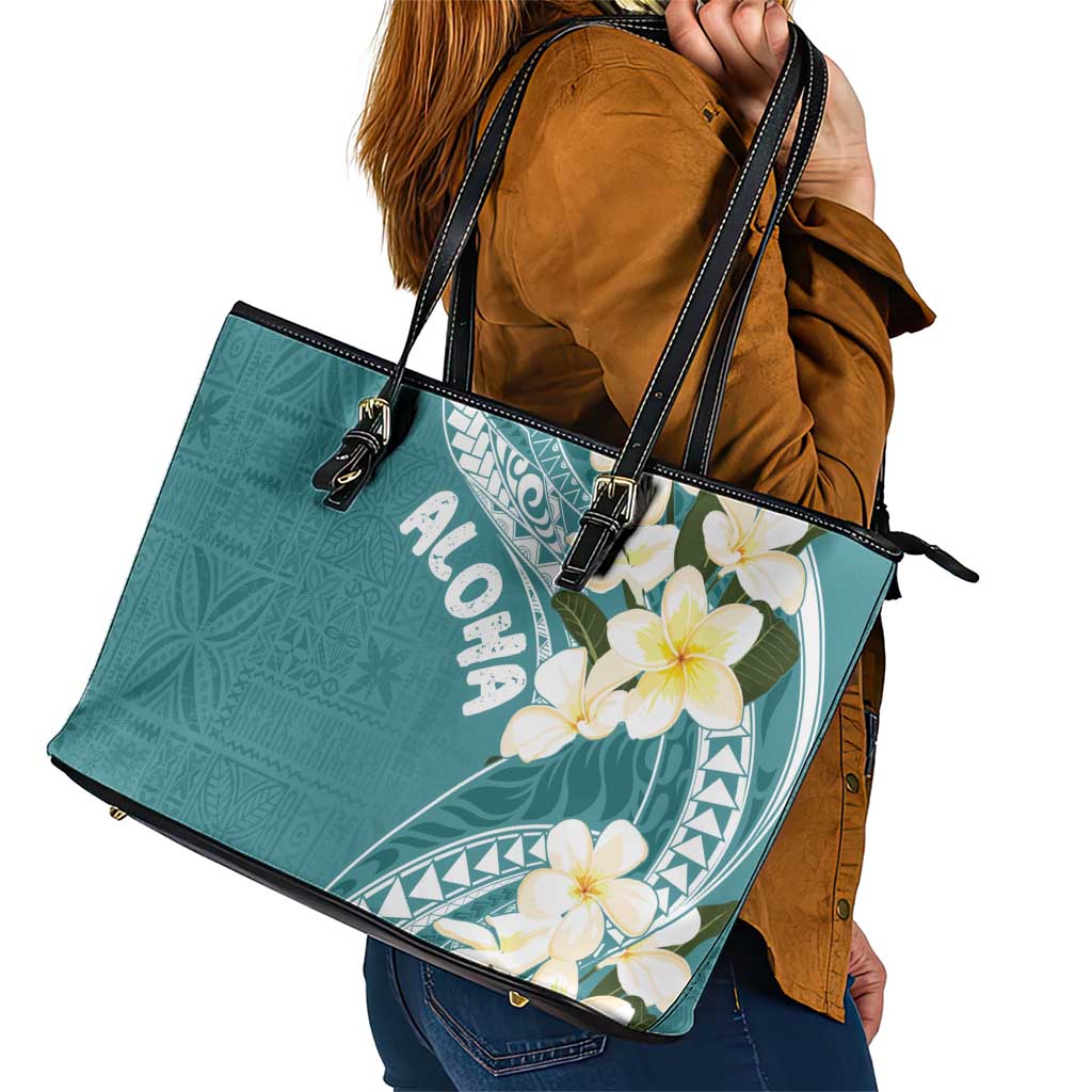 Aloha Hawaii Festive Leather Tote Bag Frangipani Lace Classic - Teal LT7 - Polynesian Pride