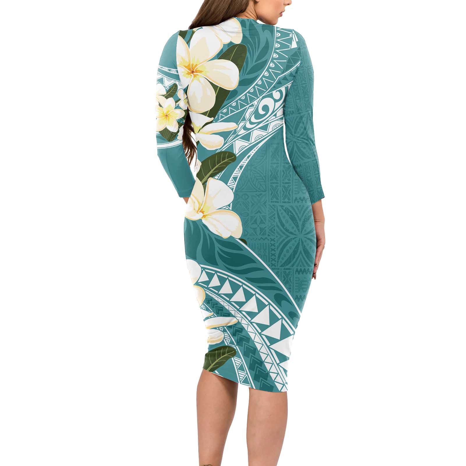 Aloha Hawaii Festive Long Sleeve Bodycon Dress Frangipani Lace Classic - Teal