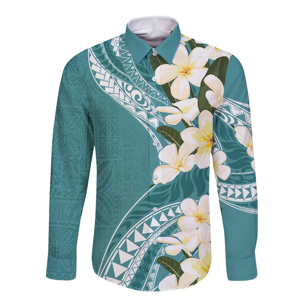 Aloha Hawaii Festive Long Sleeve Button Shirt Frangipani Lace Classic - Teal