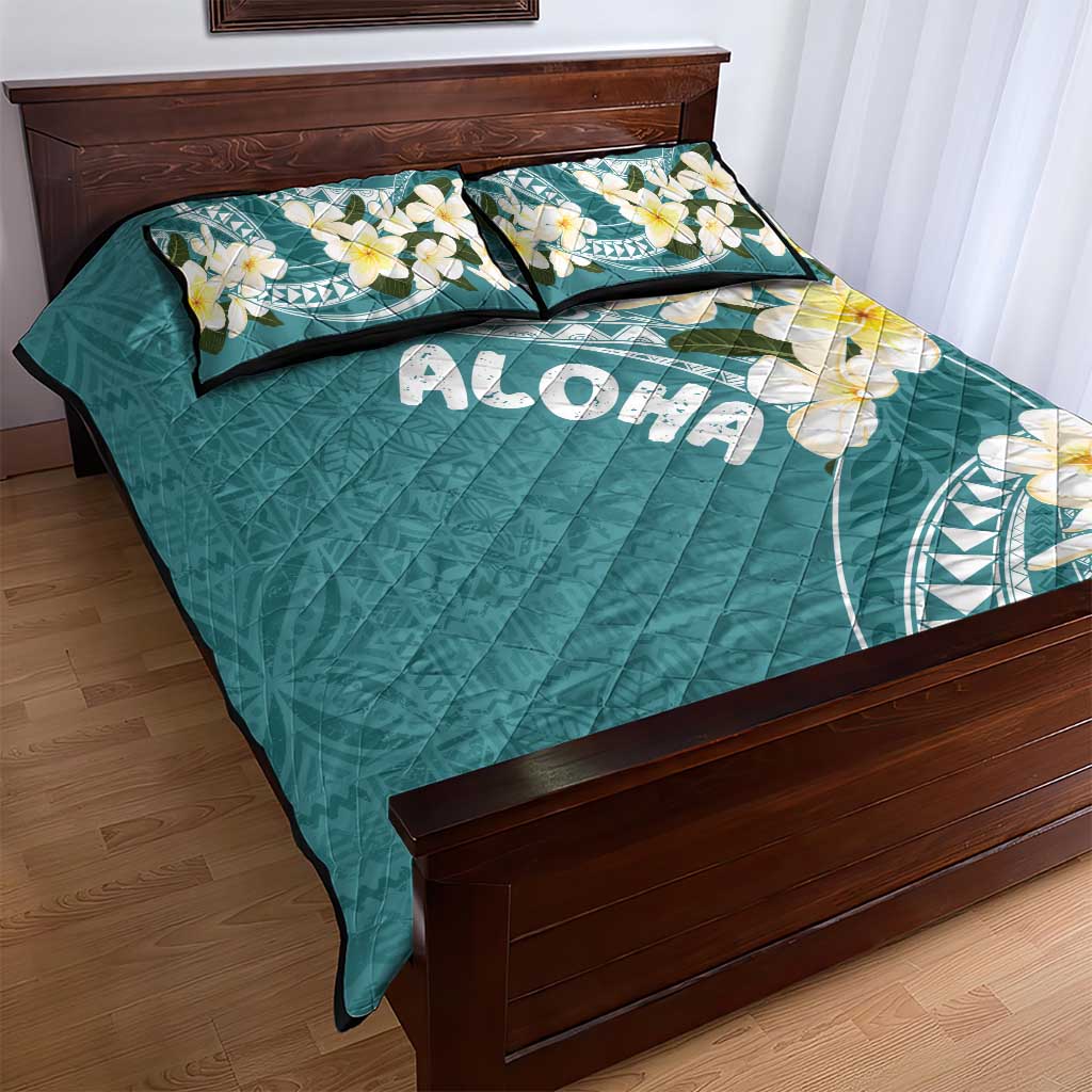 Aloha Hawaii Festive Quilt Bed Set Frangipani Lace Classic - Teal