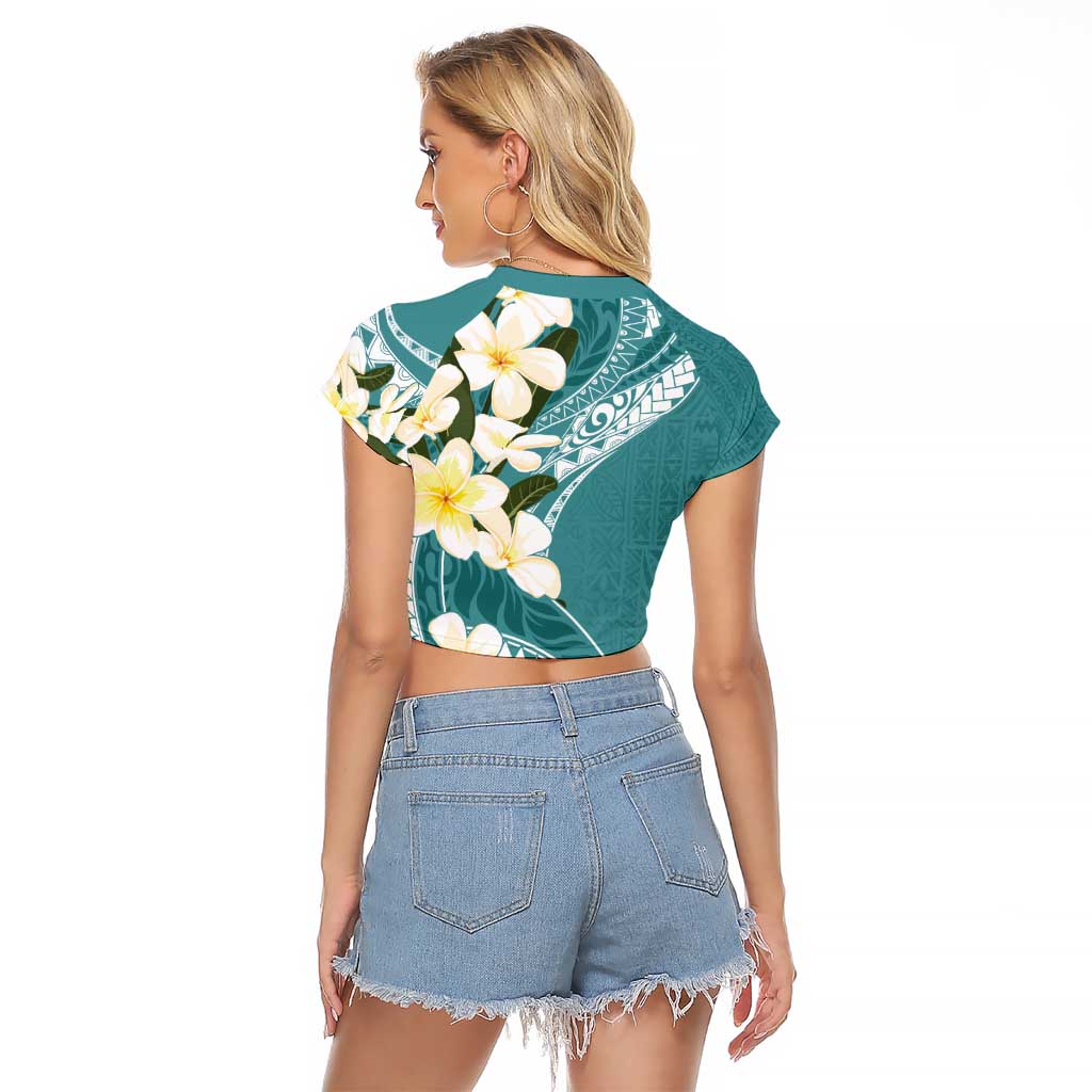 Aloha Hawaii Festive Raglan Cropped T Shirt Frangipani Lace Classic - Teal