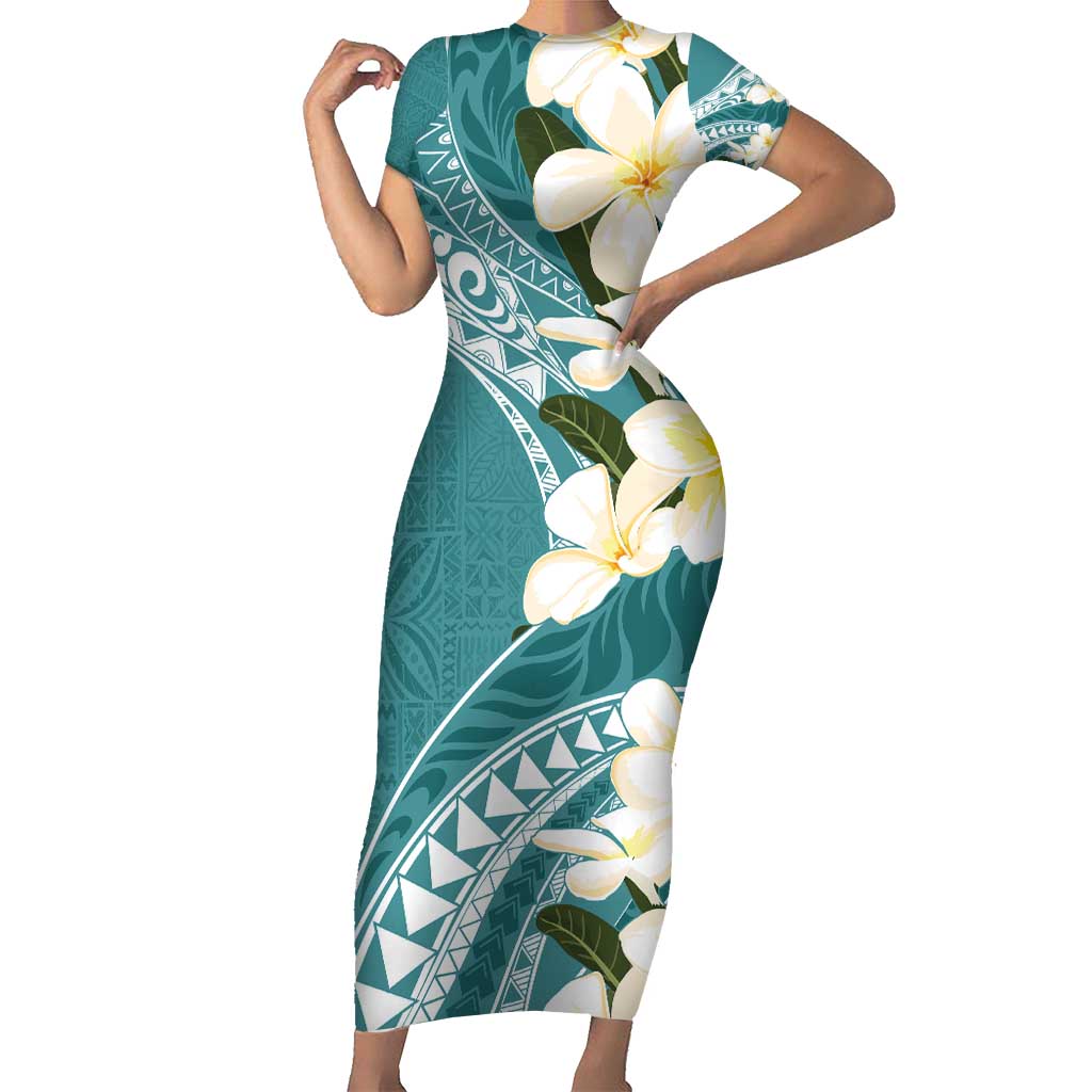 Aloha Hawaii Festive Short Sleeve Bodycon Dress Frangipani Lace Classic - Teal