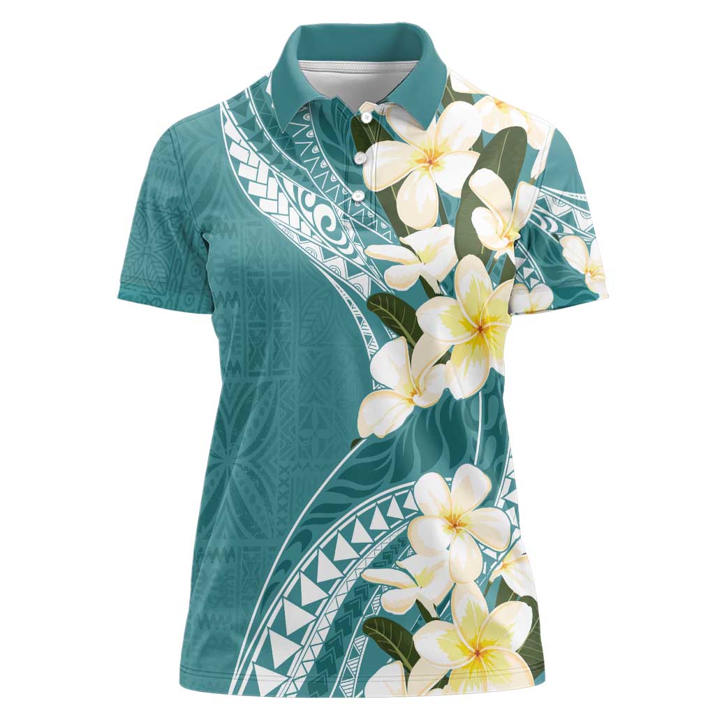 Aloha Hawaii Festive Women Polo Shirt Frangipani Lace Classic - Teal