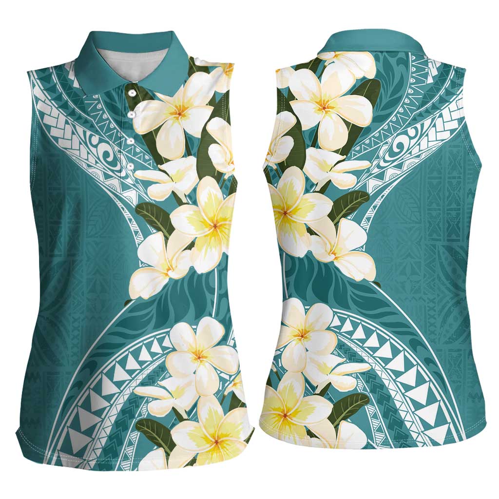 Aloha Hawaii Festive Women Sleeveless Polo Shirt Frangipani Lace Classic - Teal