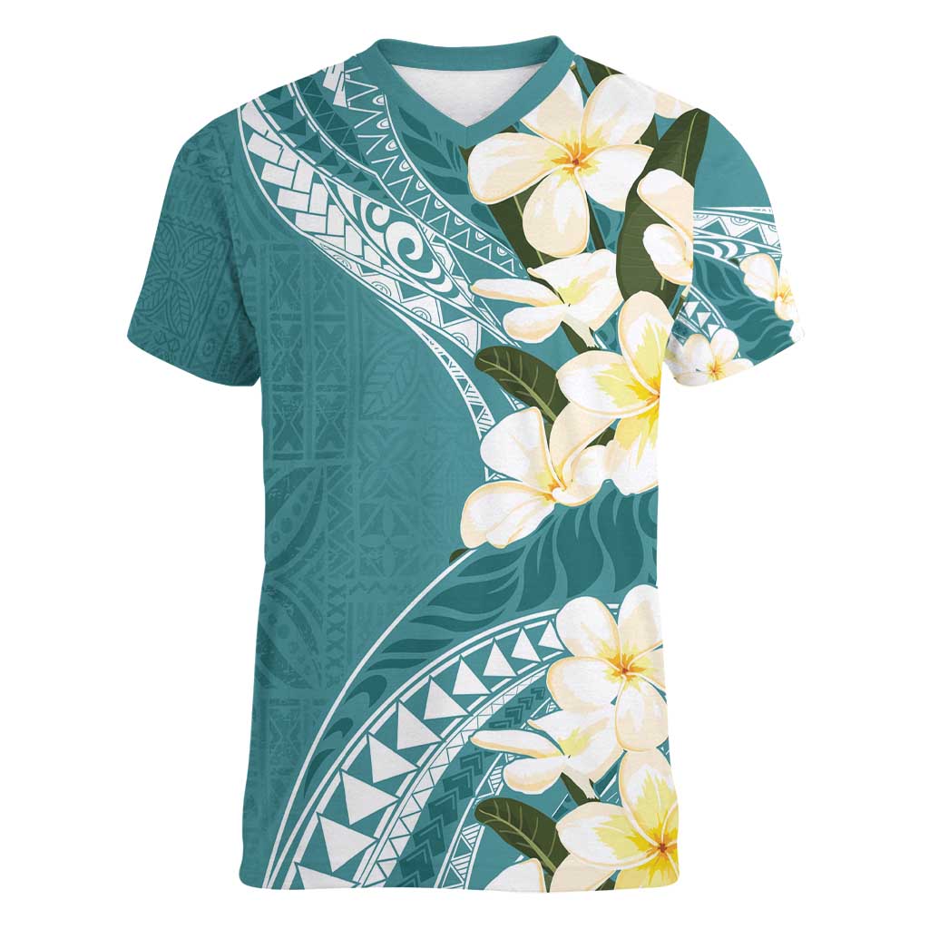 Aloha Hawaii Festive Women V-Neck T-Shirt Frangipani Lace Classic - Teal