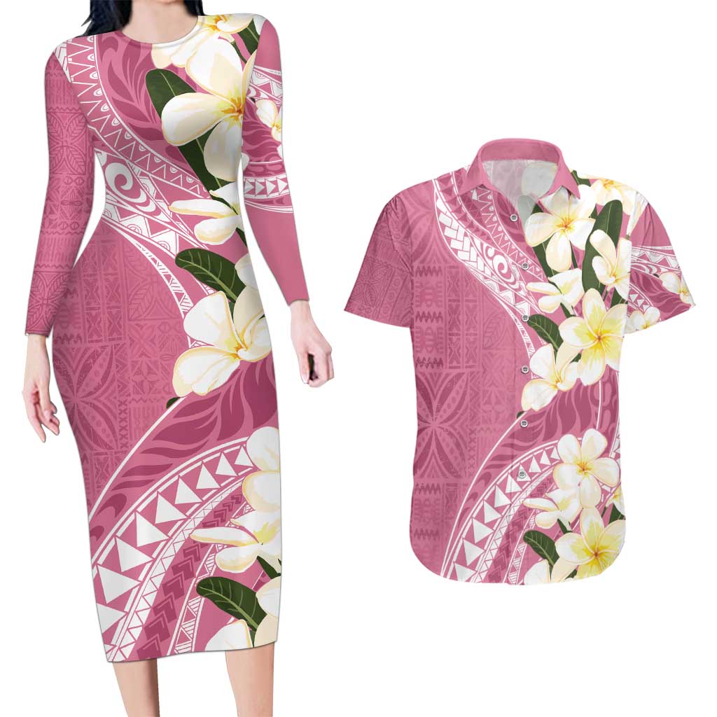 Aloha Hawaii Festive Couples Matching Long Sleeve Bodycon Dress and Hawaiian Shirt Frangipani Lace Classic - Rosy