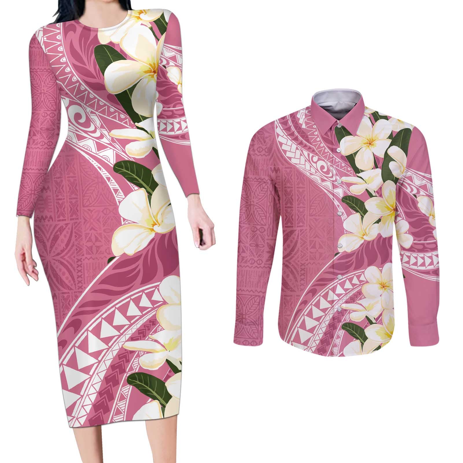 Aloha Hawaii Festive Couples Matching Long Sleeve Bodycon Dress and Long Sleeve Button Shirt Frangipani Lace Classic - Rosy
