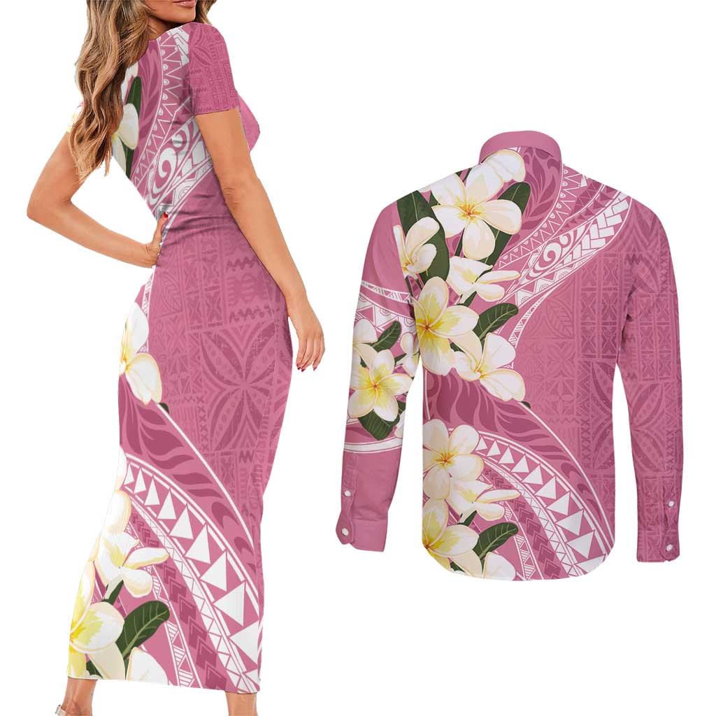 Aloha Hawaii Festive Couples Matching Short Sleeve Bodycon Dress and Long Sleeve Button Shirt Frangipani Lace Classic - Rosy