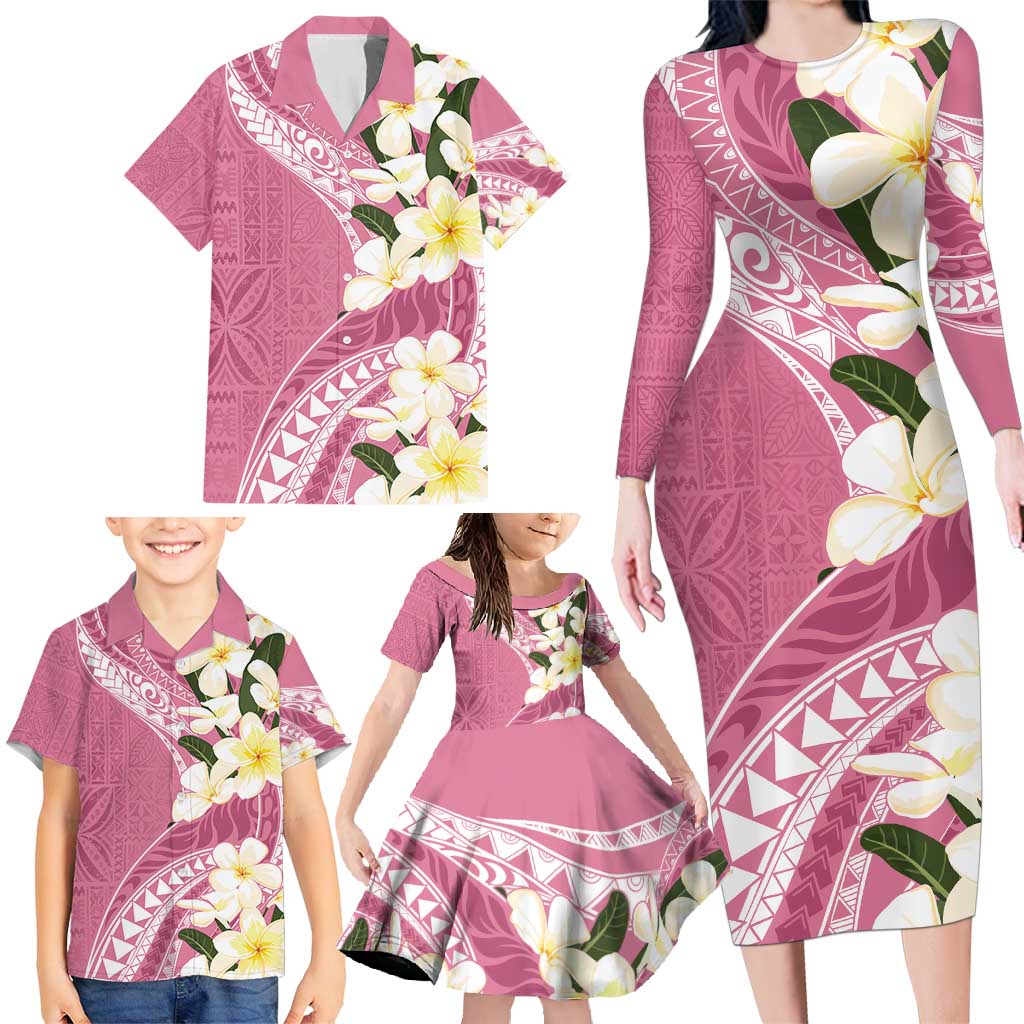 Aloha Hawaii Festive Family Matching Long Sleeve Bodycon Dress and Hawaiian Shirt Frangipani Lace Classic - Rosy