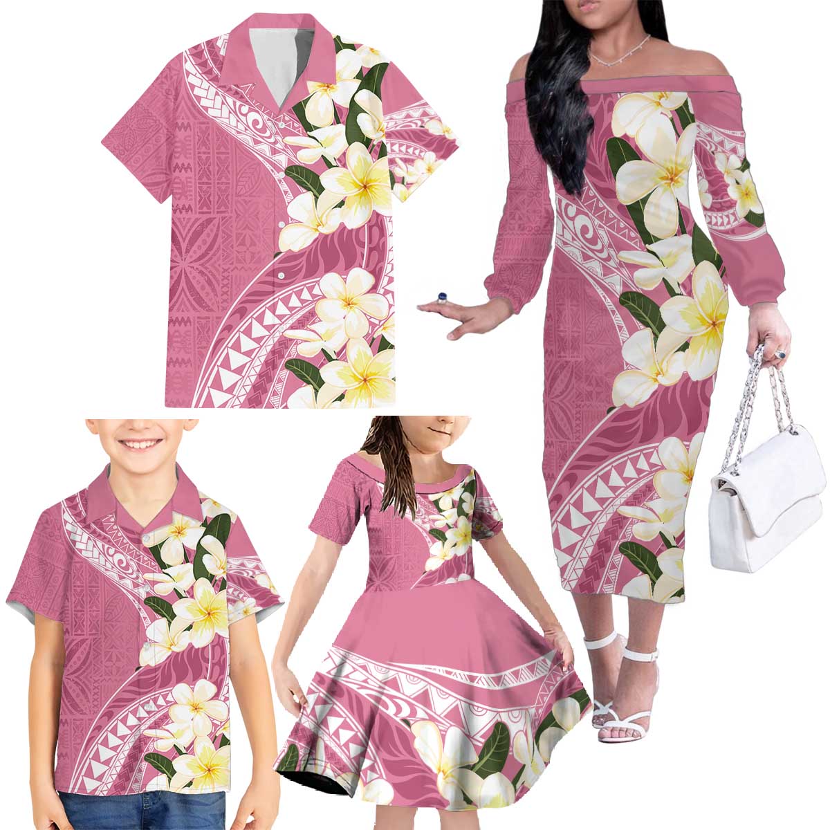 Aloha Hawaii Festive Family Matching Off The Shoulder Long Sleeve Dress and Hawaiian Shirt Frangipani Lace Classic - Rosy