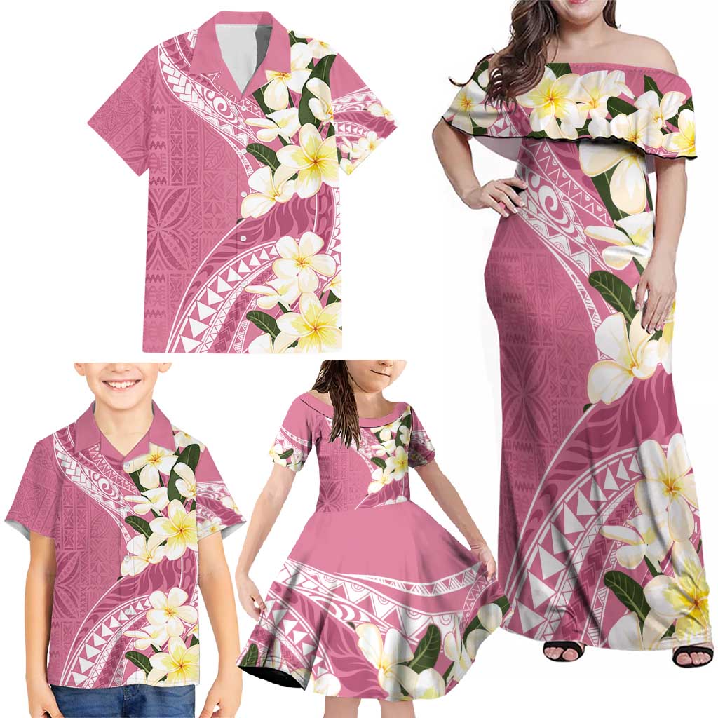 Aloha Hawaii Festive Family Matching Off Shoulder Maxi Dress and Hawaiian Shirt Frangipani Lace Classic - Rosy