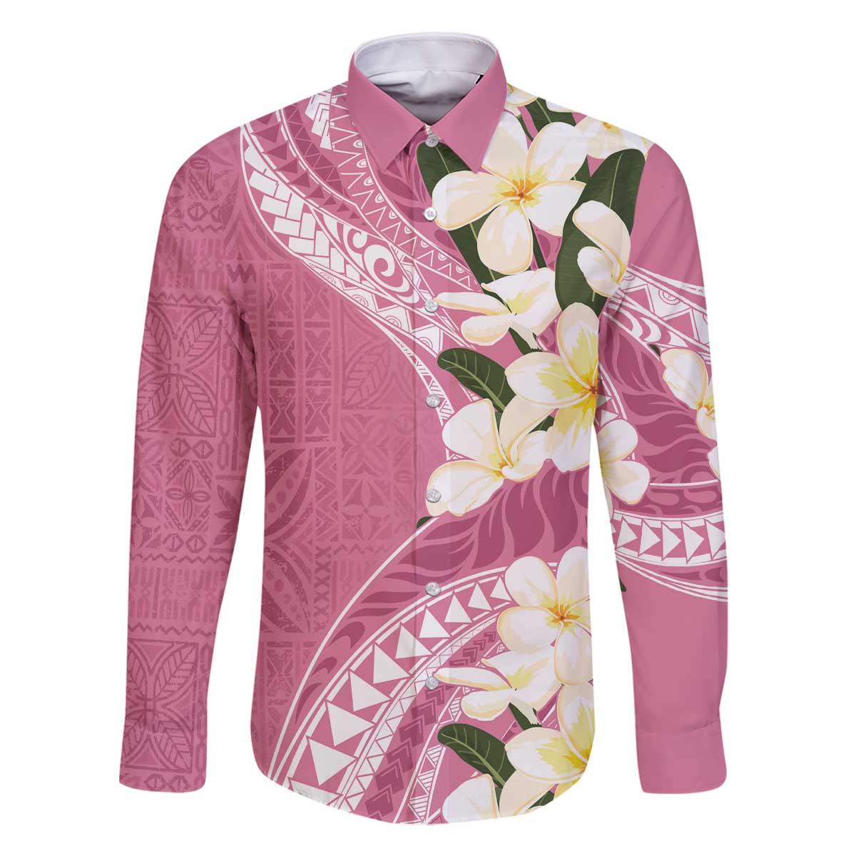 Aloha Hawaii Festive Family Matching Off Shoulder Short Dress and Hawaiian Shirt Frangipani Lace Classic - Rosy LT7 Dad's Shirt - Long Sleeve Pink - Polynesian Pride