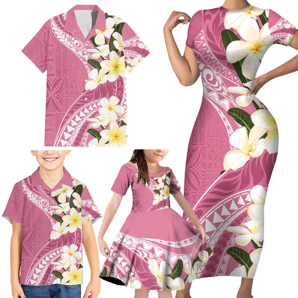 Aloha Hawaii Festive Family Matching Short Sleeve Bodycon Dress and Hawaiian Shirt Frangipani Lace Classic - Rosy