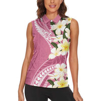 Aloha Hawaii Festive Women Sleeveless Polo Shirt Frangipani Lace Classic - Rosy