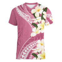 Aloha Hawaii Festive Women V-Neck T-Shirt Frangipani Lace Classic - Rosy