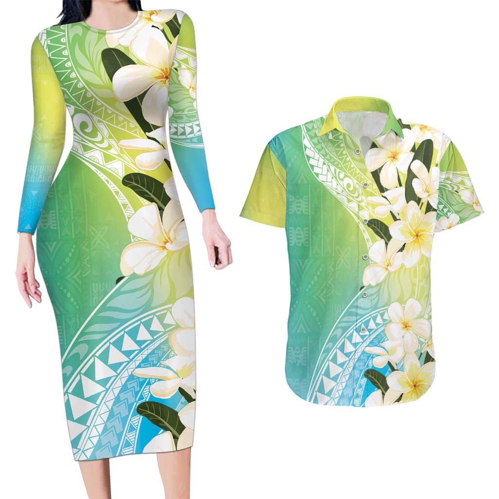 Aloha Hawaii Festive Couples Matching Long Sleeve Bodycon Dress and Hawaiian Shirt Frangipani Lace Classic - Summer Vibes LT7 Blue Green - Polynesian Pride