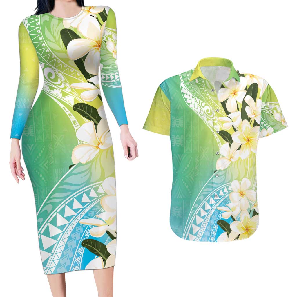 Aloha Hawaii Festive Couples Matching Long Sleeve Bodycon Dress and Hawaiian Shirt Frangipani Lace Classic - Summer Vibes