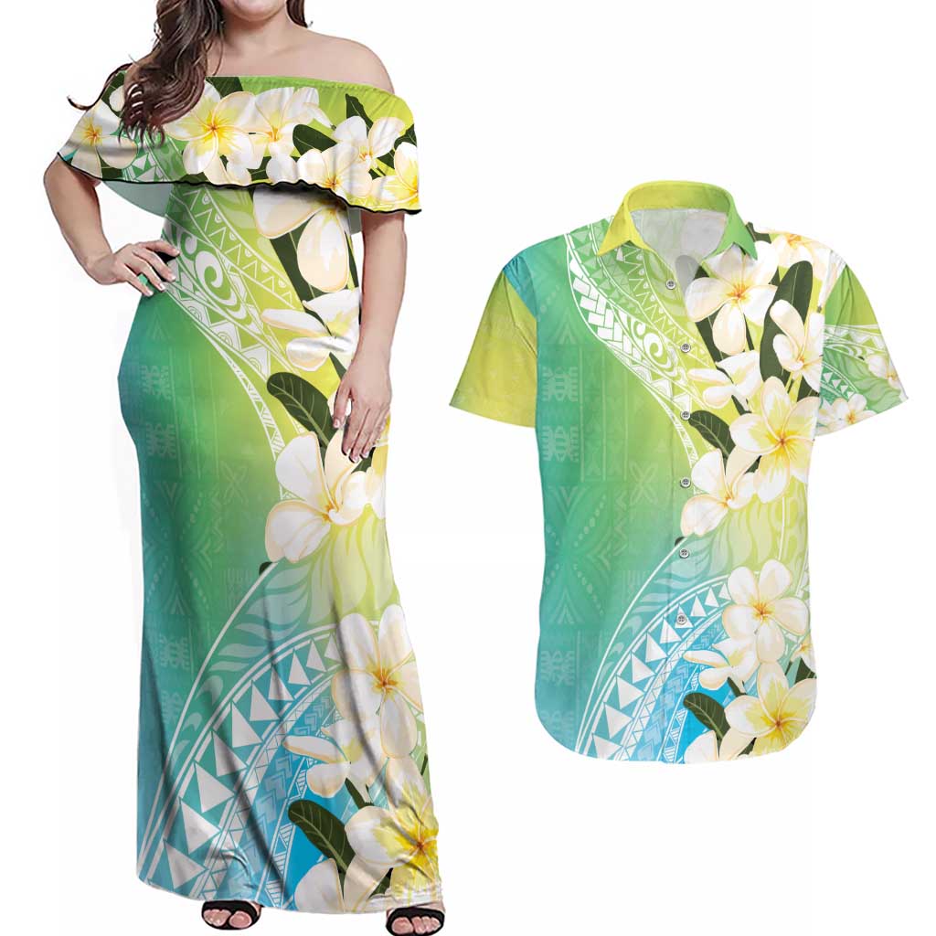 Aloha Hawaii Festive Couples Matching Off Shoulder Maxi Dress and Hawaiian Shirt Frangipani Lace Classic - Summer Vibes