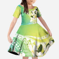 Aloha Hawaii Festive Family Matching Long Sleeve Bodycon Dress and Hawaiian Shirt Frangipani Lace Classic - Summer Vibes LT7 Daughter's Dress Blue Green - Polynesian Pride