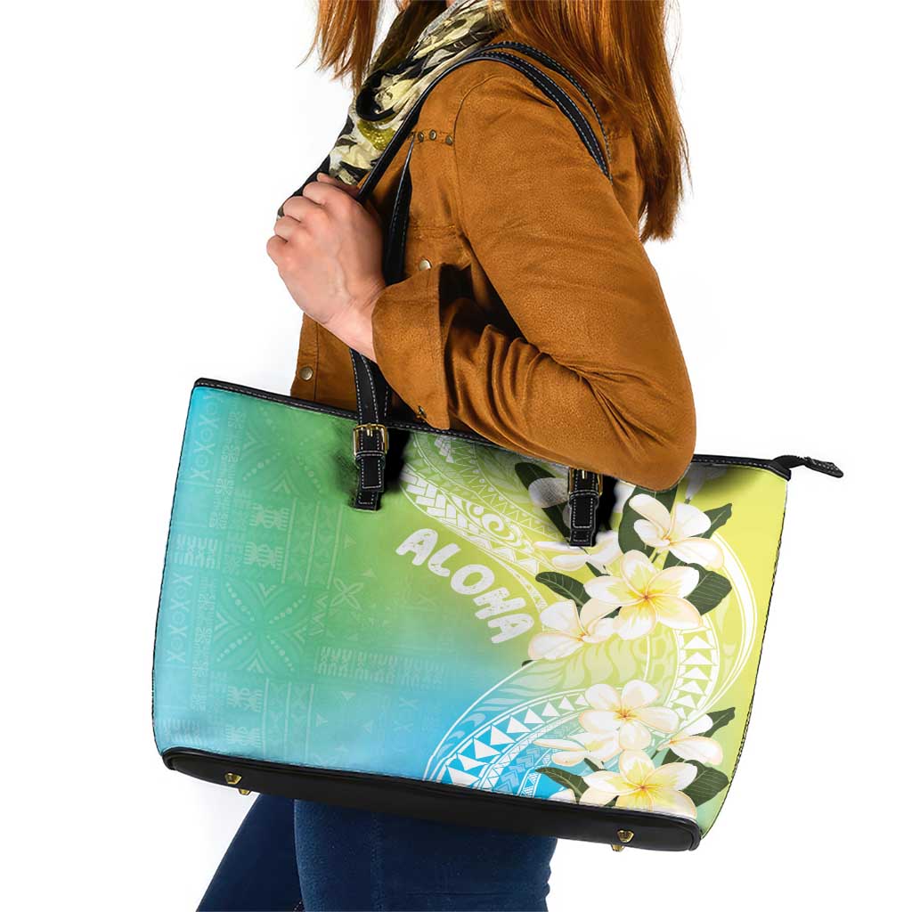 Aloha Hawaii Festive Leather Tote Bag Frangipani Lace Classic - Summer Vibes LT7 Blue Green - Polynesian Pride