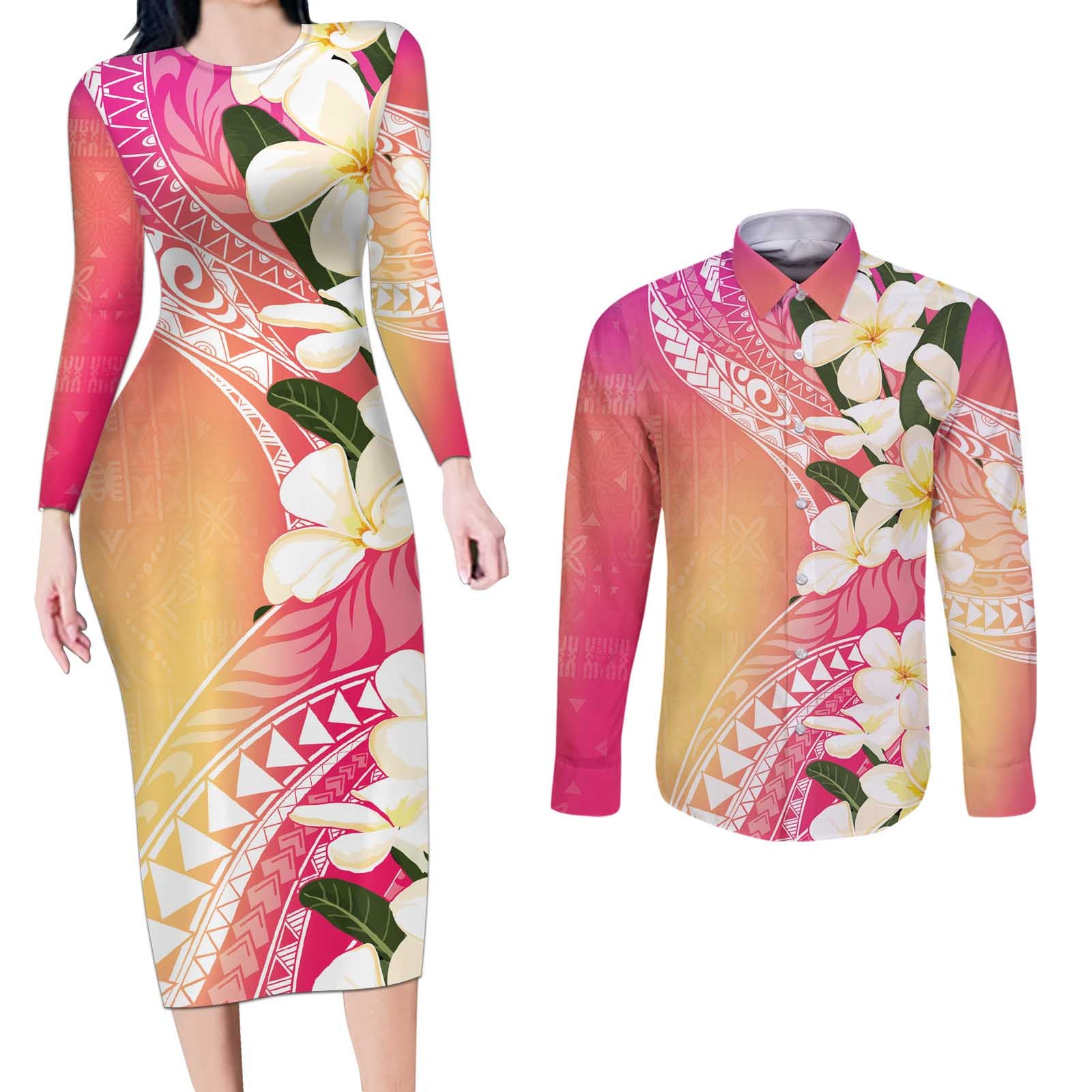 Aloha Hawaii Festive Couples Matching Long Sleeve Bodycon Dress and Long Sleeve Button Shirt Frangipani Lace Classic - Spring Vibes LT7 Colorful - Polynesian Pride