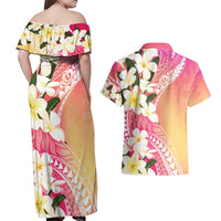 Aloha Hawaii Festive Couples Matching Off Shoulder Maxi Dress and Hawaiian Shirt Frangipani Lace Classic - Spring Vibes