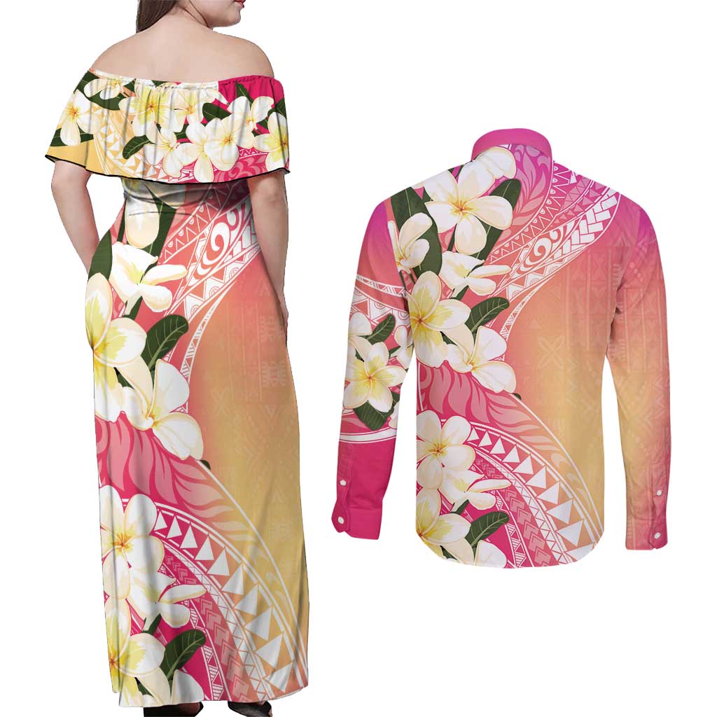 Aloha Hawaii Festive Couples Matching Off Shoulder Maxi Dress and Long Sleeve Button Shirt Frangipani Lace Classic - Spring Vibes