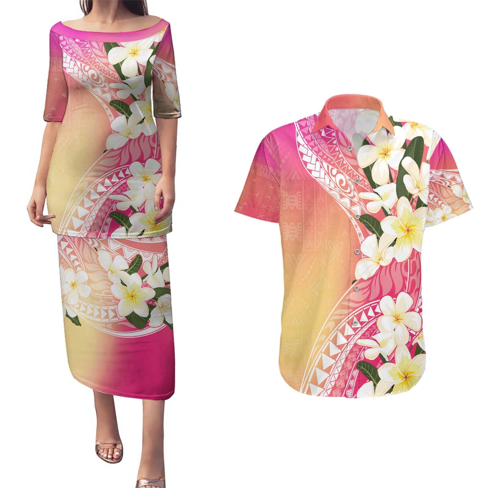 Aloha Hawaii Festive Couples Matching Puletasi and Hawaiian Shirt Frangipani Lace Classic - Spring Vibes LT7 Colorful - Polynesian Pride
