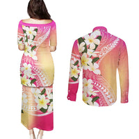 Aloha Hawaii Festive Couples Matching Puletasi and Long Sleeve Button Shirt Frangipani Lace Classic - Spring Vibes LT7 - Polynesian Pride