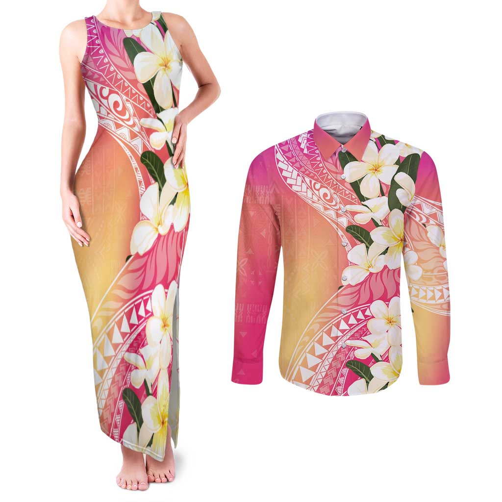 Aloha Hawaii Festive Couples Matching Tank Maxi Dress and Long Sleeve Button Shirt Frangipani Lace Classic - Spring Vibes LT7 Colorful - Polynesian Pride