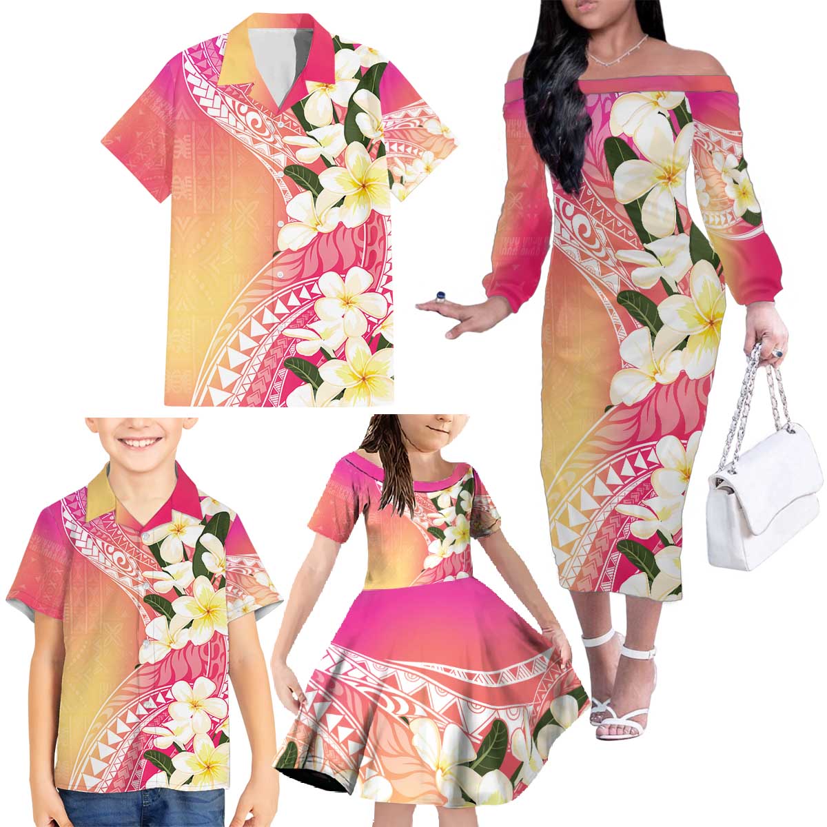 Aloha Hawaii Festive Family Matching Off The Shoulder Long Sleeve Dress and Hawaiian Shirt Frangipani Lace Classic - Spring Vibes