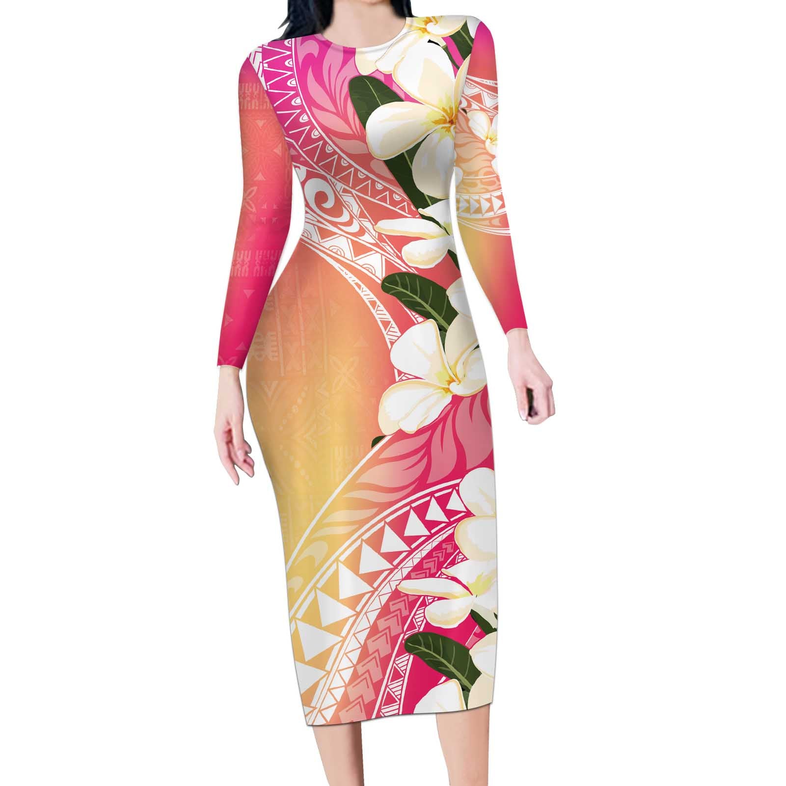 Aloha Hawaii Festive Long Sleeve Bodycon Dress Frangipani Lace Classic - Spring Vibes