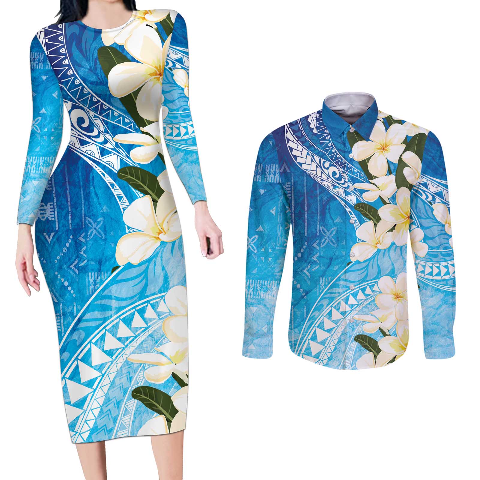 Aloha Hawaii Festive Couples Matching Long Sleeve Bodycon Dress and Long Sleeve Button Shirt Frangipani Lace Classic - Oceanic