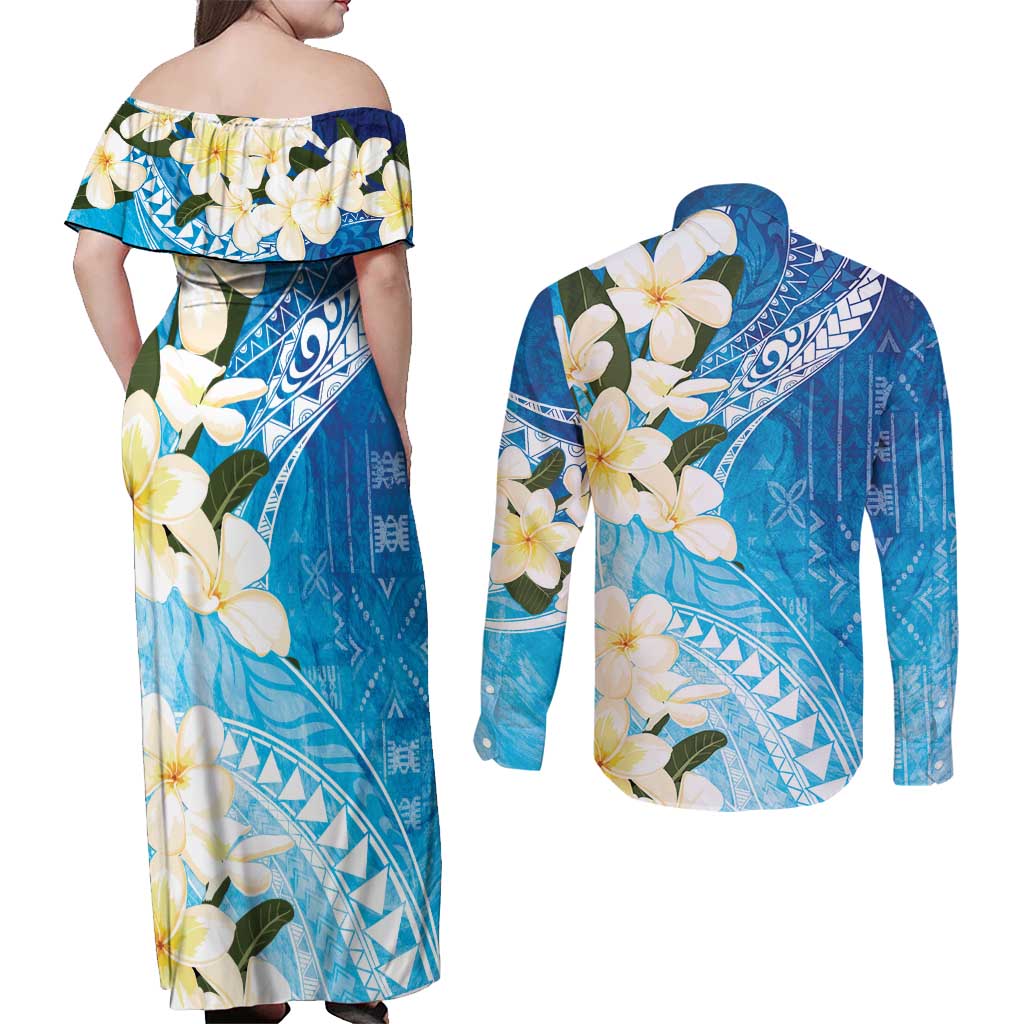 Aloha Hawaii Festive Couples Matching Off Shoulder Maxi Dress and Long Sleeve Button Shirt Frangipani Lace Classic - Oceanic LT7 - Polynesian Pride