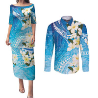 Aloha Hawaii Festive Couples Matching Puletasi and Long Sleeve Button Shirt Frangipani Lace Classic - Oceanic LT7 Navy - Polynesian Pride