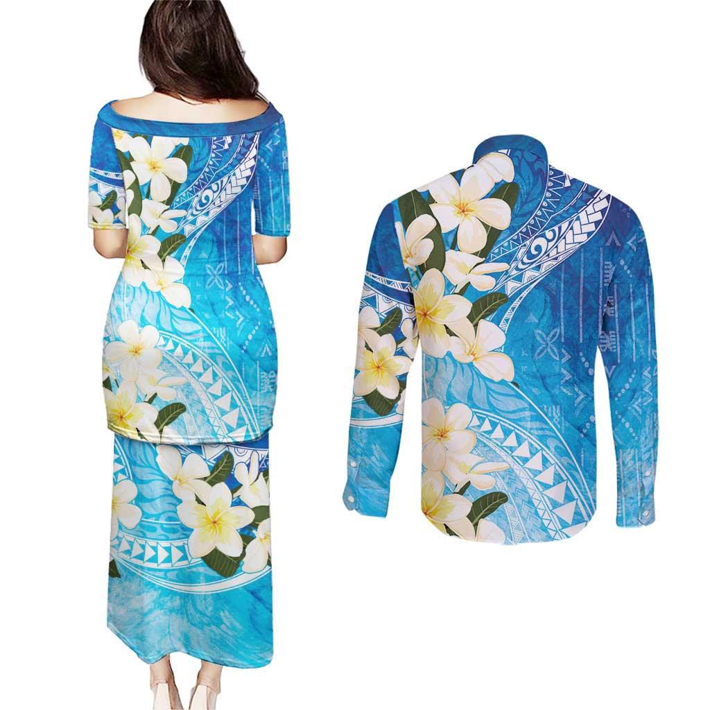 Aloha Hawaii Festive Couples Matching Puletasi and Long Sleeve Button Shirt Frangipani Lace Classic - Oceanic LT7 - Polynesian Pride