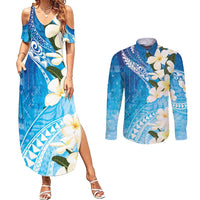Aloha Hawaii Festive Couples Matching Summer Maxi Dress and Long Sleeve Button Shirt Frangipani Lace Classic - Oceanic LT7 Navy - Polynesian Pride