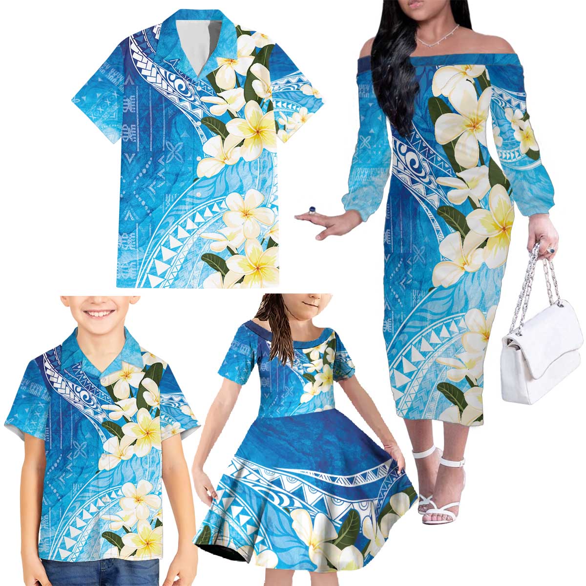 Aloha Hawaii Festive Family Matching Off The Shoulder Long Sleeve Dress and Hawaiian Shirt Frangipani Lace Classic - Oceanic