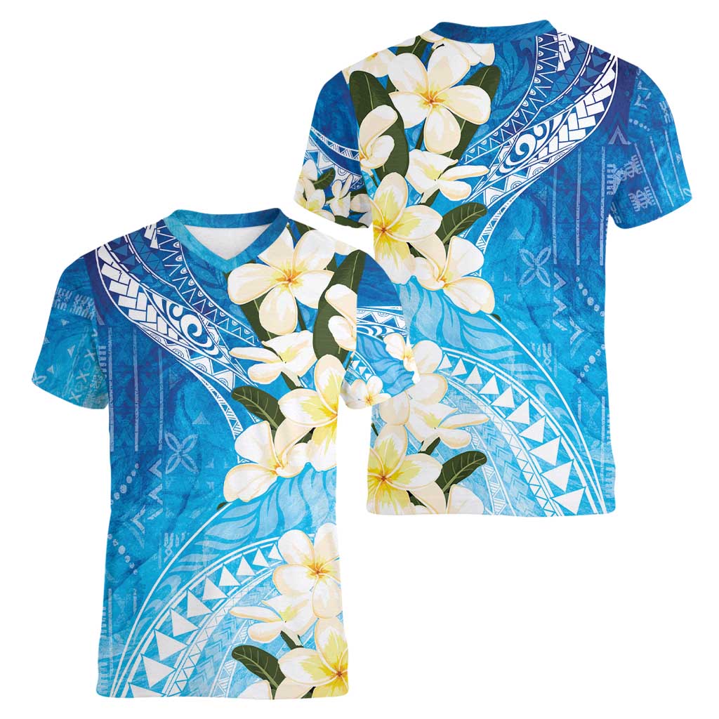 Aloha Hawaii Festive Women V-Neck T-Shirt Frangipani Lace Classic - Oceanic