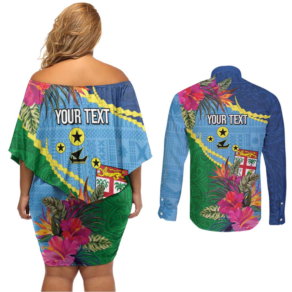 Personalized Malampa Fiji Day Together We Grow Couples Matching Off Shoulder Short Dress and Long Sleeve Button Shirt Special Tapa Mix - Polynesian Pride