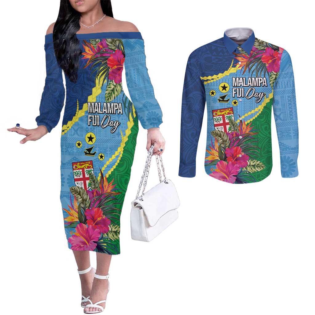 Personalized Malampa Fiji Day Together We Grow Couples Matching Off The Shoulder Long Sleeve Dress and Long Sleeve Button Shirt Special Tapa Mix - Polynesian Pride