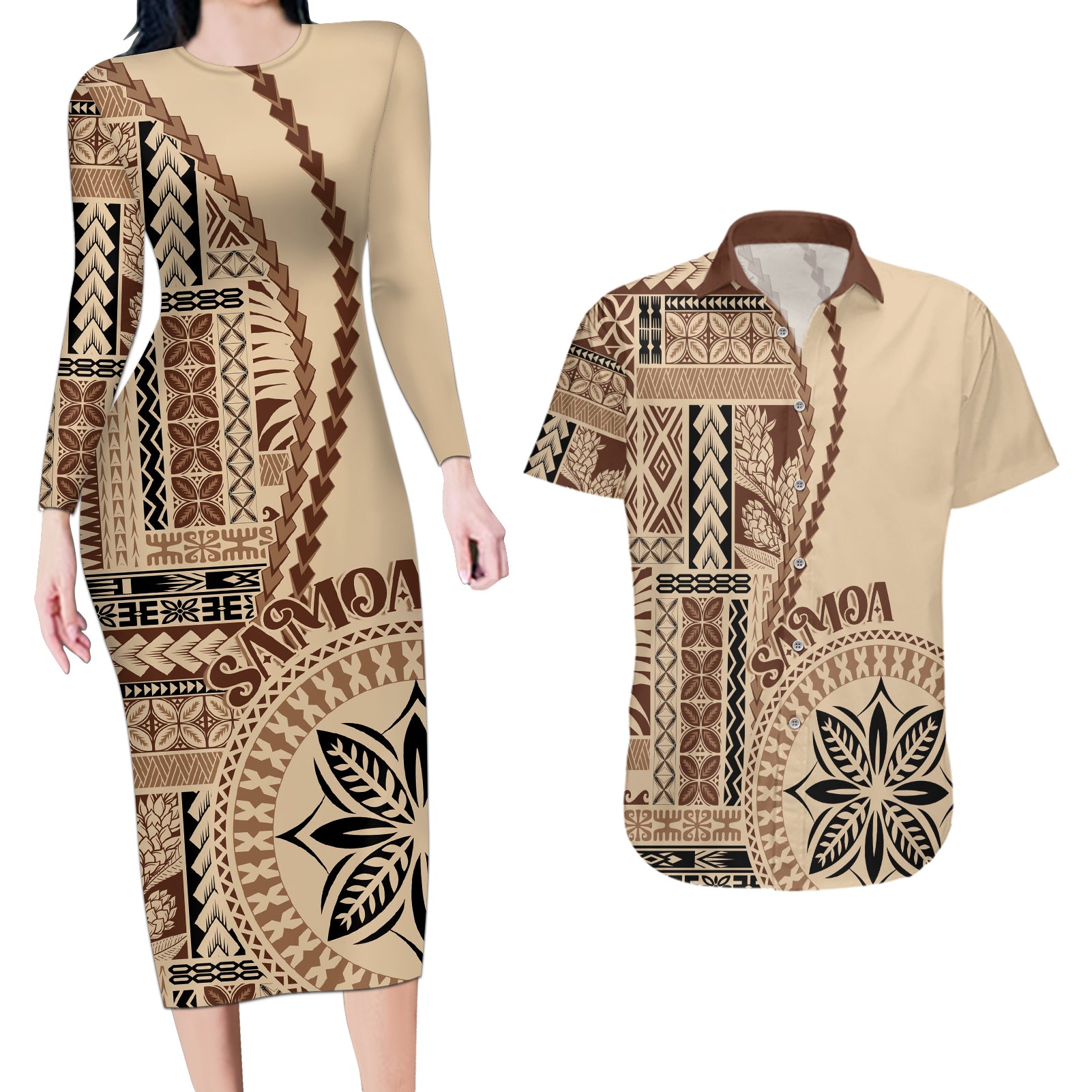 samoa-siapo-motif-couples-matching-long-sleeve-bodycon-dress-and-hawaiian-shirt-classic-style